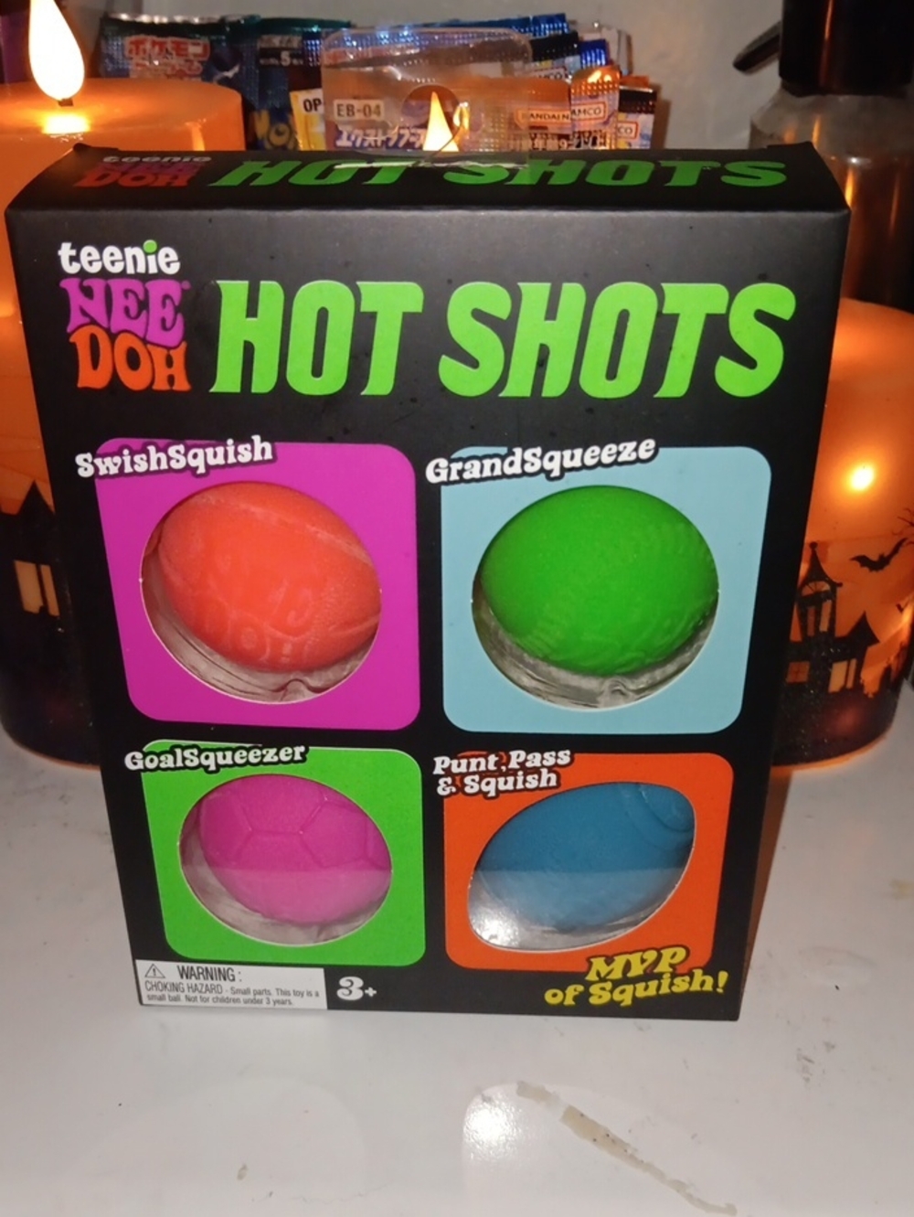 Teenie Needoh Hot Shots Squish Ball Variety Pack - Pink, Orange, Green, Blue
